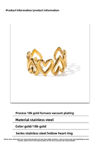 Detailed macro view of 18K gold plated stainless steel hollow heart pattern ring