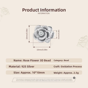 Detailed size specifications for a S925 sterling silver rose charm with zircon inlay