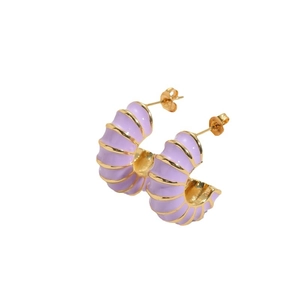 Minimalist light purple enamel C-shaped hoop earrings with golden spiral textured design