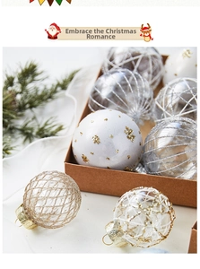 Detail showing a Christmas ornament gift set with sparkling silver and gold textured baubles