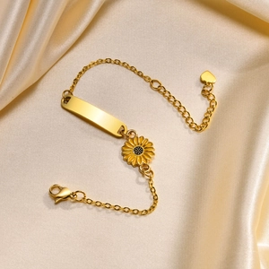 Golden stainless steel sunflower ID bracelet with customizable blank bar and heart charm