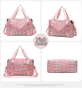 Detailed views of a pink large capacity travel bag showing front, side and base details