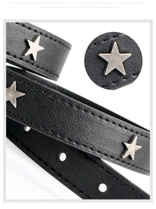 Detail showing black leather belt with silver star-shaped metal studs and hole punch details
