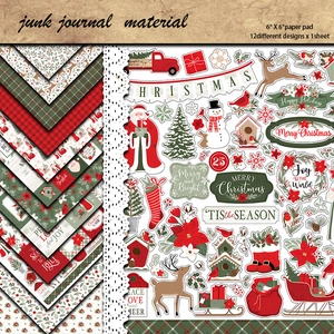 6x6 inch Christmas junk journal material kit with 12 vintage holiday scrapbook papers