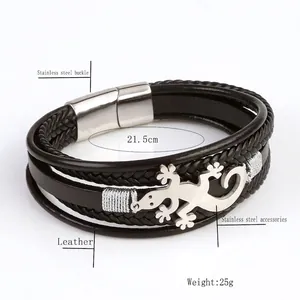 Mens multilayer braided leather bracelet with stainless steel lizard charm and magnetic clasp
