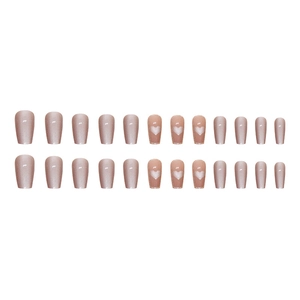 Pink cat eye fake nails with glitter and heart designs, medium ballerina shape, 24 count
