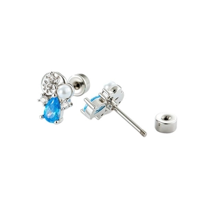 Blue waterdrop zircon and pearl seashell stud earrings with screw back closure