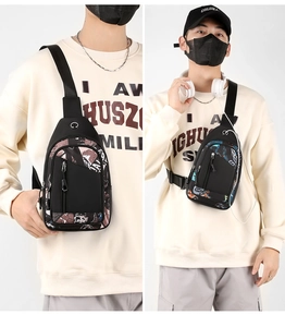 Detail of trendy men's crossbody bag with colorful print and casual streetwear style