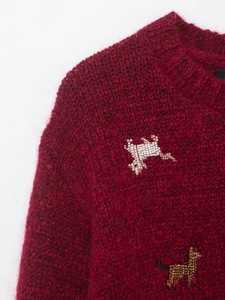 Close-up of beaded animal embroidery on burgundy mohair knit crewneck sweater
