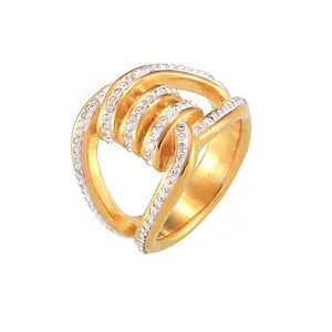 Anillo Geométrico De Doble Capa Acero De Titanio Chapado En Oro 18K Con Pavé Completo De Diamantes Checos Mujer