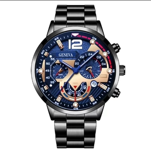 Detail shot of Geneva men's quartz watch showing blue dial and three-subdial chronograph