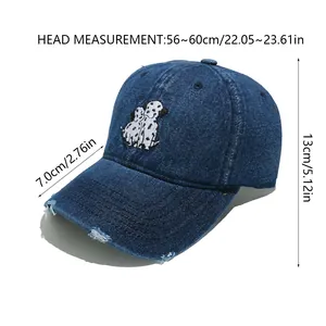 Detailed size guide for dark blue denim baseball cap featuring dalmatian embroidery