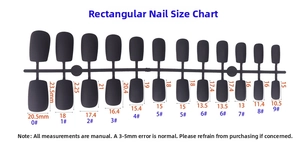 Detailed size chart for long square matte false nails with precise measurements