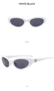 Front and side views of Y2K oval white frame sunglasses with black lenses