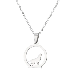 Detailed close-up of hollow wolf silhouette pendant on stainless steel silver chain