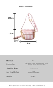 Pink striped PU leather chest bag with dimensions and 130cm adjustable shoulder strap