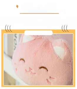 Close-up of pink plush cat toy with soft texture and detailed brown embroidery details