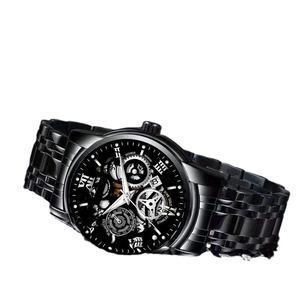 Waterproof luminous men's stainless steel quartz watch with black skeleton dial and steel strap