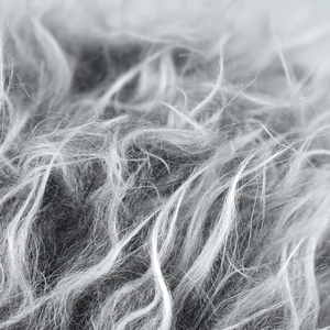 Detailed close-up of soft grey faux fur texture and long fibers on the camouflage hat