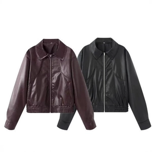 Women's vintage PU leather flight jackets in burgundy and black with zipper details