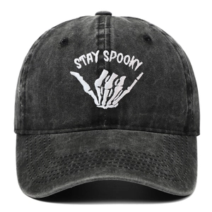 Washed dark grey baseball cap featuring white Stay Spooky skull hand embroidery