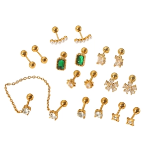 Luxury 18k gold plated titanium steel earring set with green gems and pearls