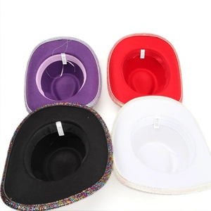 Detailed top view of four colorful sequin cowboy hats in purple, red, black, and white