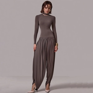 Women Sexy Ruched Side Slit Jumpsuit Long Sleeve Round Neck Back Zipper Slim Fit Drapey Wide Leg Jumpsuit Party Clubwear