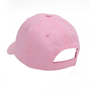 Rear view of pink kids baseball cap showing adjustable strap and stitching detail