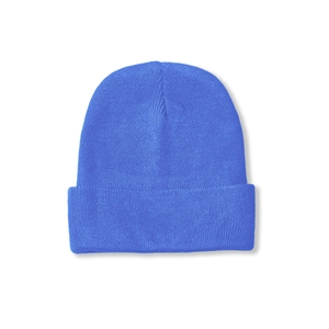 Detailed view of blue knitted beanie showing high-density texture and soft ribbed fold