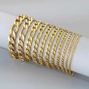 Polished gold stainless steel Figaro chain bracelets in various width sizes for men and women