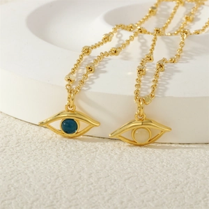 Minimalist 18K gold plated evil eye pendant necklace with blue and white gemstones
