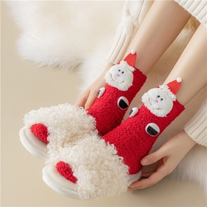 Fluffy coral fleece Christmas socks with 3D Santa Claus and thick plush slippers