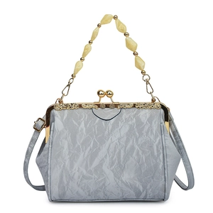 Vintage grey pleated shell bag with golden floral frame and pearl beaded handle
