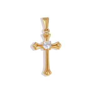 Detailed macro view of a 24K gold-plated cross pendant with a central sparkling zircon stone