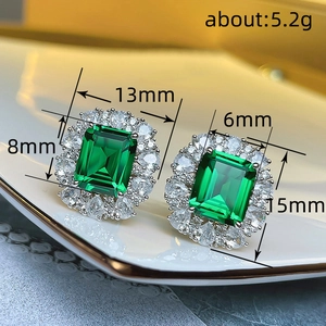 Detailed view of emerald-cut green crystal earrings with size and weight specifications