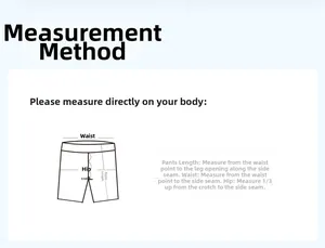 Detailed size guide showing measurements for waist, hips, and length of sports shorts