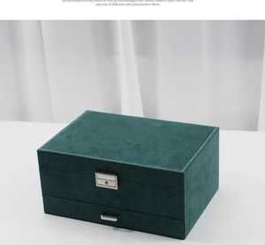 Detail of dark green suede jewelry box with silver lock and pull-out storage drawer