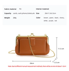 Detailed specs of the vintage brown PU leather crossbody bag with chain and size dimensions