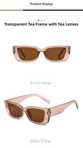 Detail view of transparent brown rectangular sunglasses with matching tinted lenses