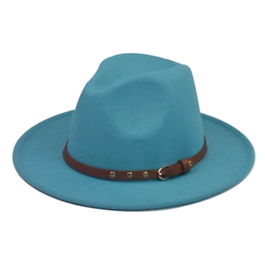 Detail of sky blue wool fedora featuring a brown leather strap with metal rivets