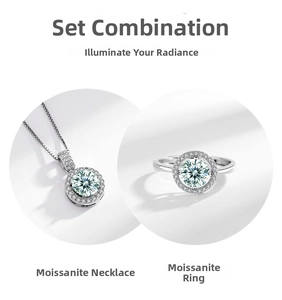 Close-up of S925 silver moissanite jewelry set with round cut necklace and ring