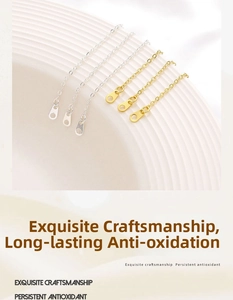Detailed view of 14K gold filled and silver extender chains on a white ceramic plate