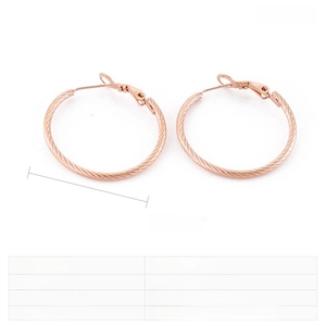 Detail view of 30x2mm rose gold stainless steel hoop earrings with twist rope texture