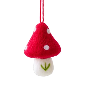 Handmade red wool felt mushroom ornament with white spots for Christmas tree decor