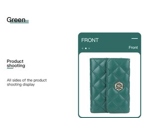 Front view of green leather women's accordion wallet with quilted stitching and gold buckle