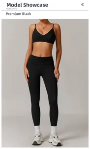 Detail of premium black V-neck sports bra and high-waisted leggings set in action