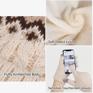 Ensemble d'hiver 3 pièces avec bonnet doublé polaire et gants tactiles beige et marron