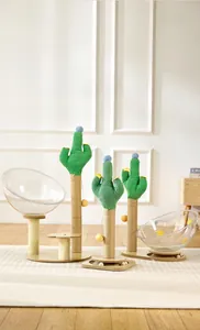 Detail of green cactus cat tree with sisal rope pillars and acrylic space capsule bed