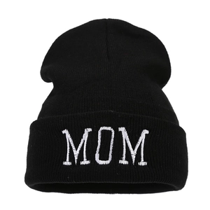 Classic black knitted beanie with white MOM embroidery on the fold-over cuff for winter